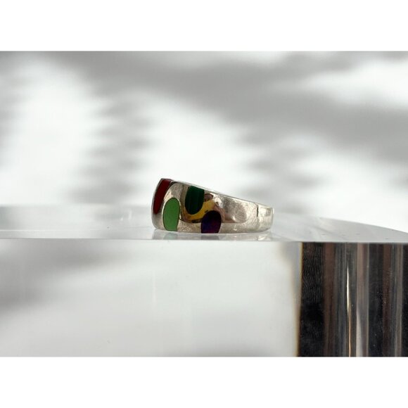 Mosaic Multi Gemstone Inlay Unusual 925 Sterling Silver Vintage Ring - sz 7 - Picture 5 of 11